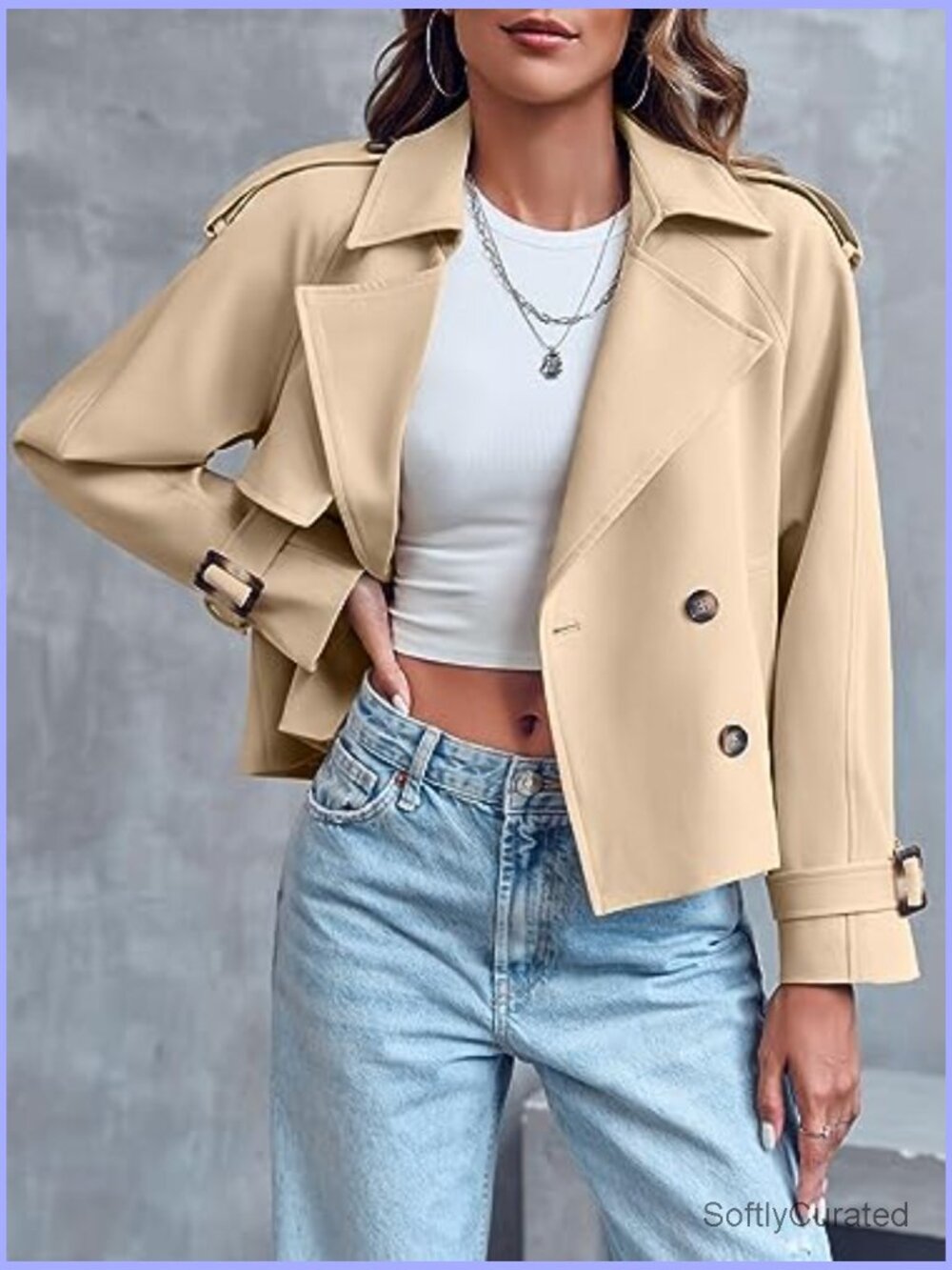 Crop Double Breasted Trench Coat Raglan Sleeve Work Office Cropped Jacket - Picture 2 of 7